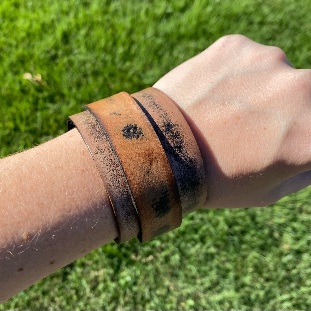 Distressed Brown Leather Cuff Western Bracelet  Moto Biker Jewelry Snap Cowboy